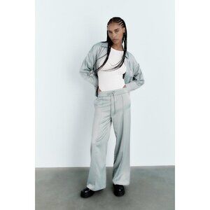 Zara Blue Grey Satin Effect Full-Length Pants Trousers sz XS